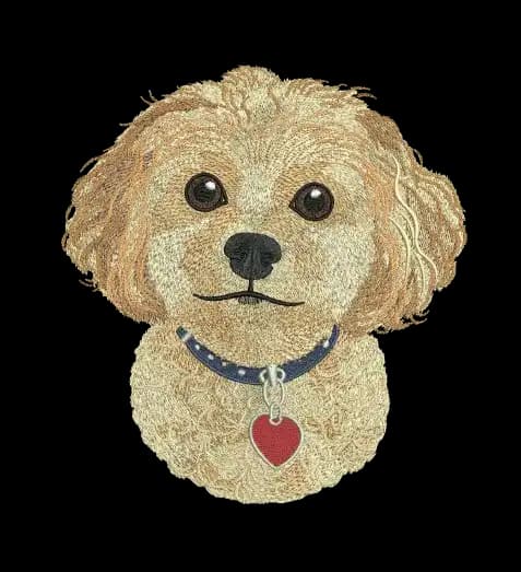 A realistic digitized embroidery portrait of a fluffy golden puppy wearing a blue collar with a red heart tag, ideal for boutique pet apparel brands.
