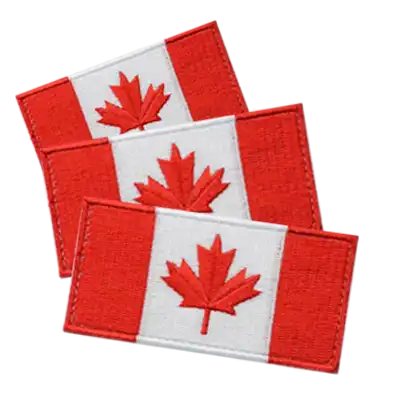 A set of three pristine Canadian flag embroidered patches featuring clean satin stitching on the red maple leaf, optimized for Canadian apparel brands.