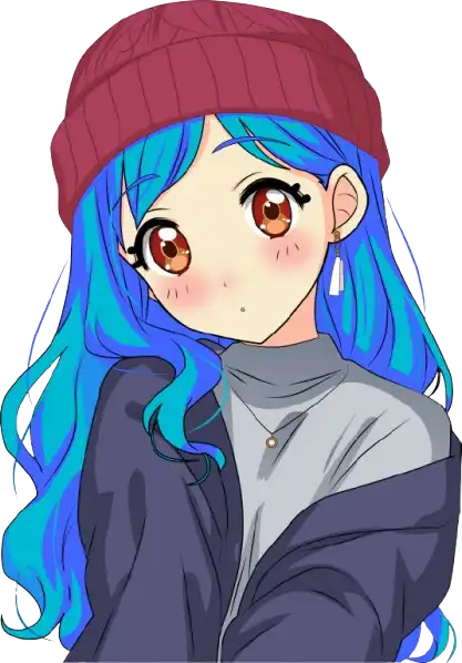A high-quality vector illustration of an anime girl with blue hair and a red beanie, showcasing smooth gradients and clean lines for boutique apparel brands.
