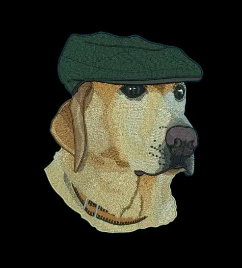 A highly detailed digitized embroidery portrait of a dog wearing a green flat cap, demonstrating Sassy Digitizing's premium custom pet portrait services.