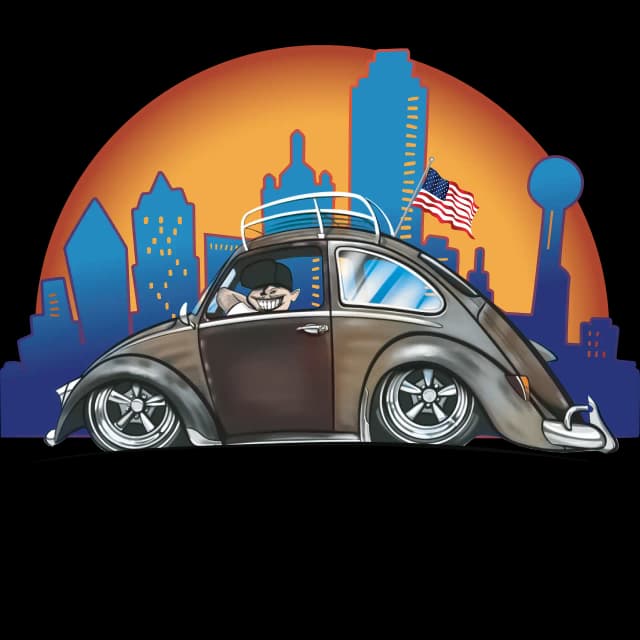 Detailed vector artwork of a custom lowrider Volkswagen Beetle against a sunset city skyline, perfectly vectorized by Sassy Digitizing for print production.