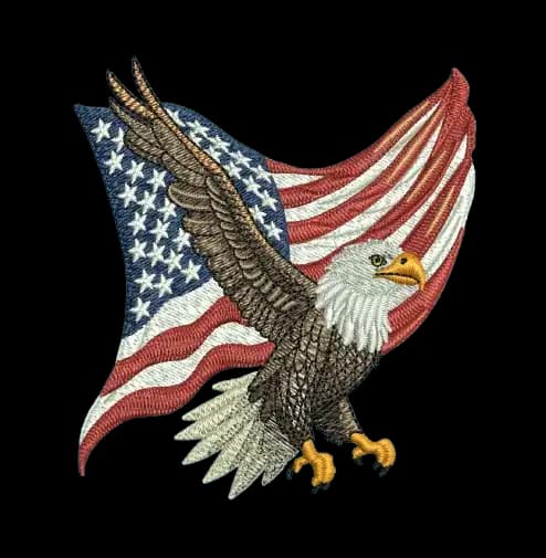 A complex embroidery design of a majestic bald eagle flying in front of a waving American flag, featuring realistic thread shading and precision digitizing.