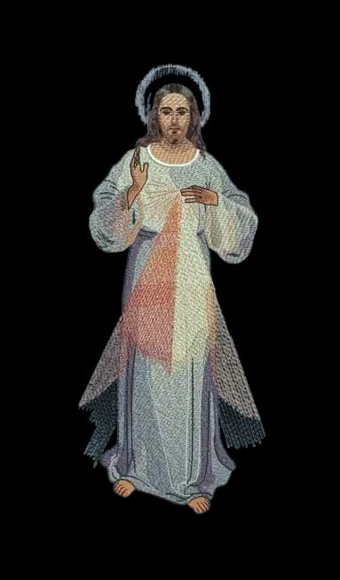 An intricate religious embroidery design of Jesus Christ featuring detailed thread blending and light rays, perfect for church vestments and custom apparel.