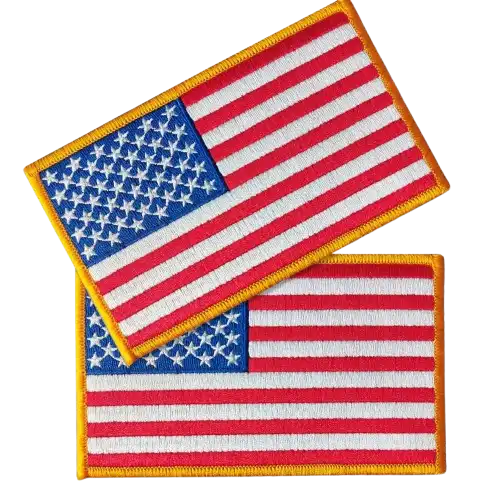 Two rectangular United States flag embroidered patches with gold borders, showcasing high-quality tactical and uniform digitizing for the American market.