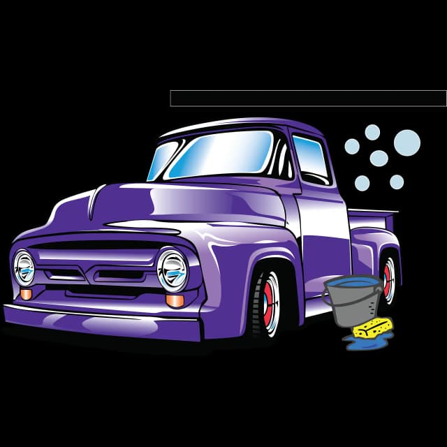 A vibrant, scalable vector illustration of a classic purple pickup truck and car wash bucket, perfect for automotive business apparel and promotional merchandise.